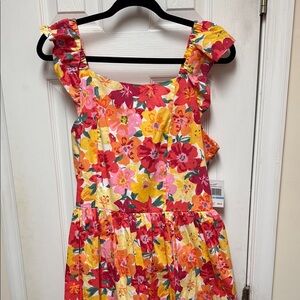Blueberi Boulevard Red and Pink Tiered Sundress with Flutter Sleeves Junior XL